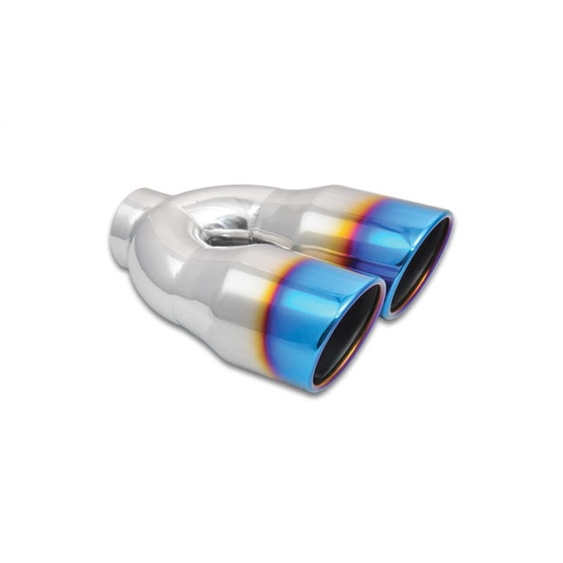 Vibrant 2.5in ID Dual 3.5in OD Round Stainless Steel Exhaust Tips - Single Wall, Angle Cut with Burnt Blue Finish (1326B)